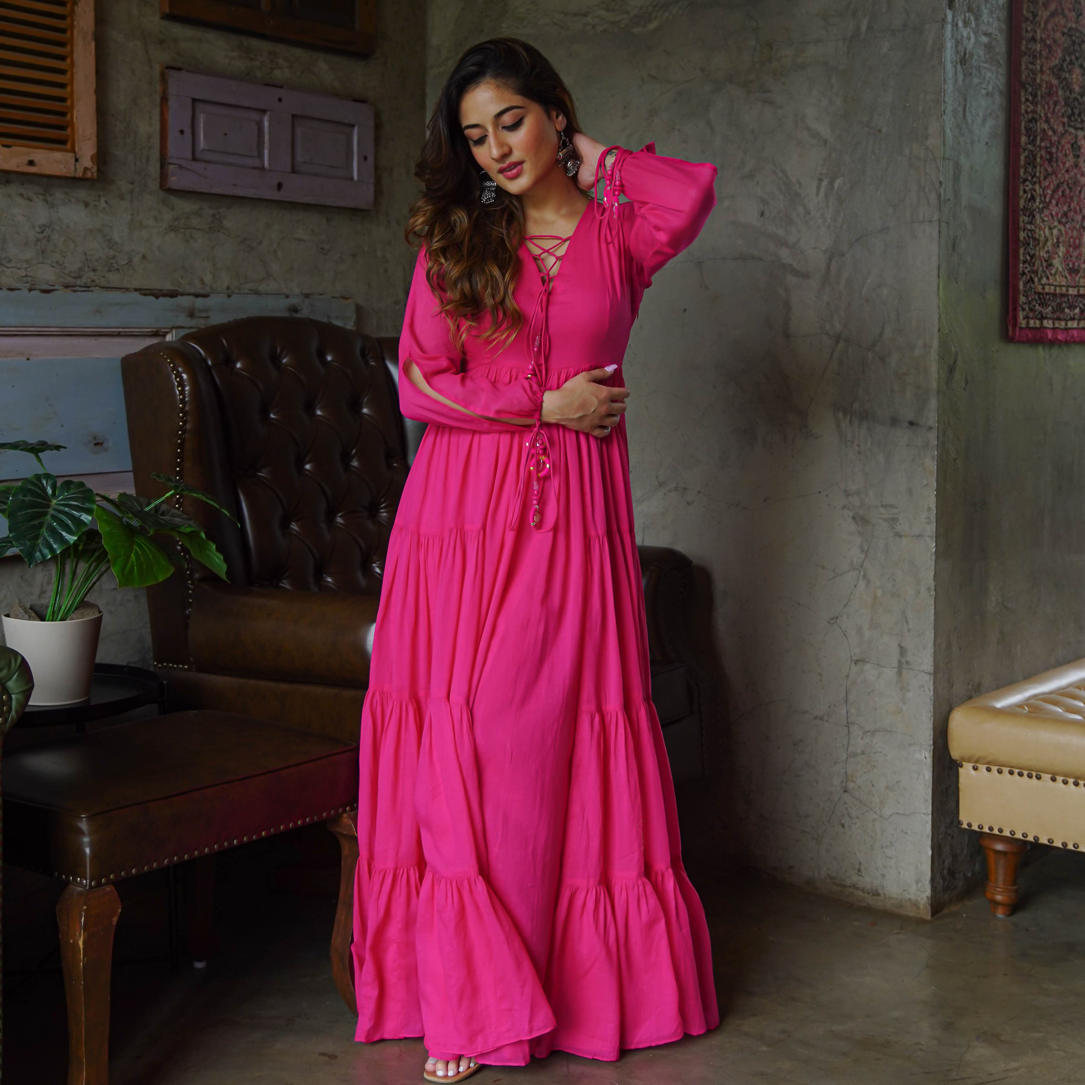 Hot Pink Cotton Maxi Anarkali Dress For Women Online